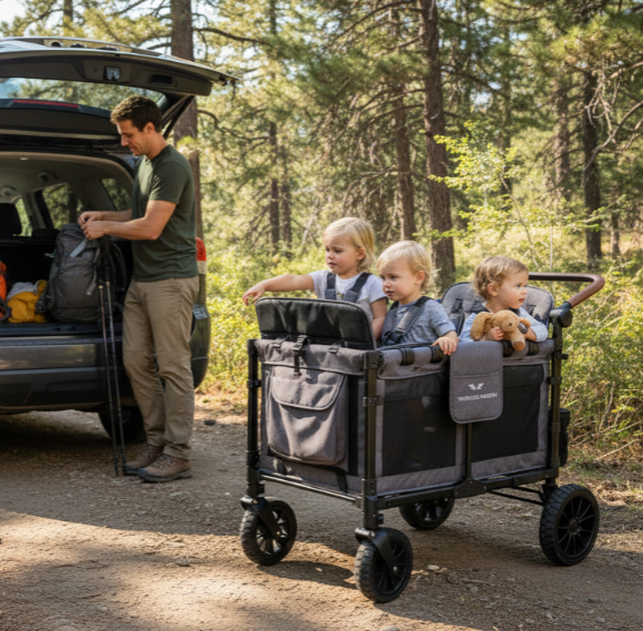 Family with three children in a Wonder Wagon X Series Quad on a forest trail