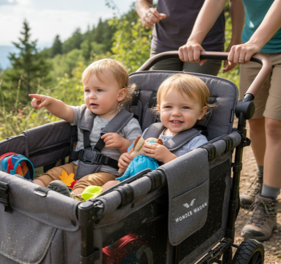 Two toddler twins side-by-side in a Wonder Wagon Original M Series on an outdoor trail