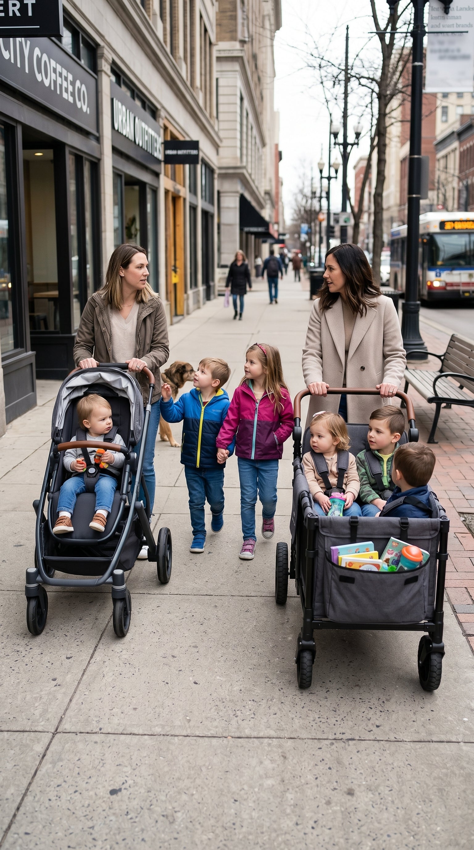 Two moms walking down an urban street — one pushing a single stroller, one pushing a Wonder Wagon stroller wagon with two kids inside